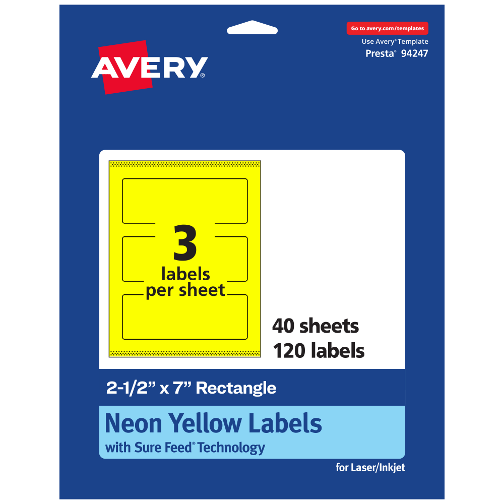 Avery Print-To-The-Edge Labels With Sure Feed Technology, 94247-NYP40, Rectangle, 2-1/2in x 7in, Matte Neon Yellow, Pack of 120