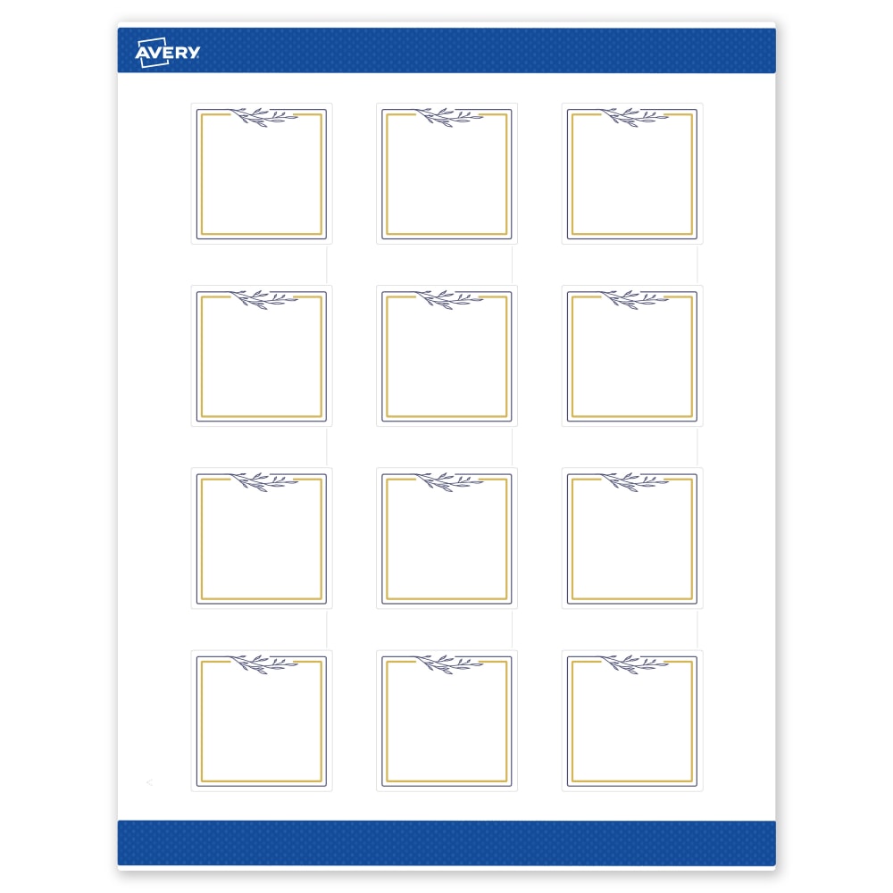 Avery Print-To-The-Edge Labels & Sure Feed, S00-DNH-PRWMP10, 2in x 2in, Matte White, Preprinted Gold & Navy Border & Floral Design, Pack Of 120