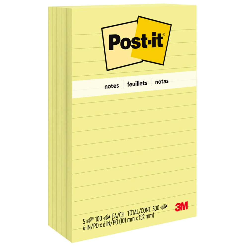 Post-it Notes, 4 x 6 in, 5 Lined Sticky Note Pads, 100 Sheets/Pad, Clean Removal, Back to School Supplies and Office Supplies, Canary Yellow