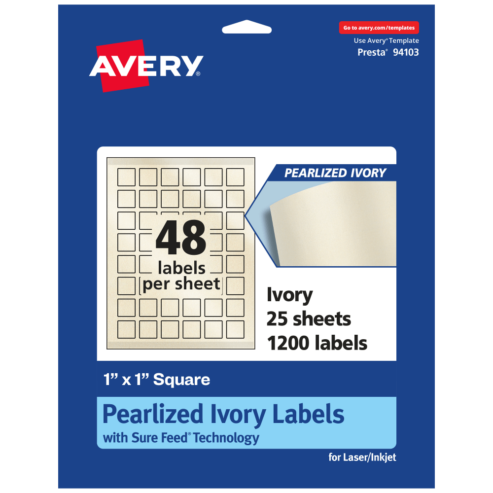 Avery Pearlized Permanent Labels With Sure Feed, 94103-PIP25, Square, 1in x 1in, Ivory, Pack Of 1,200 Labels
