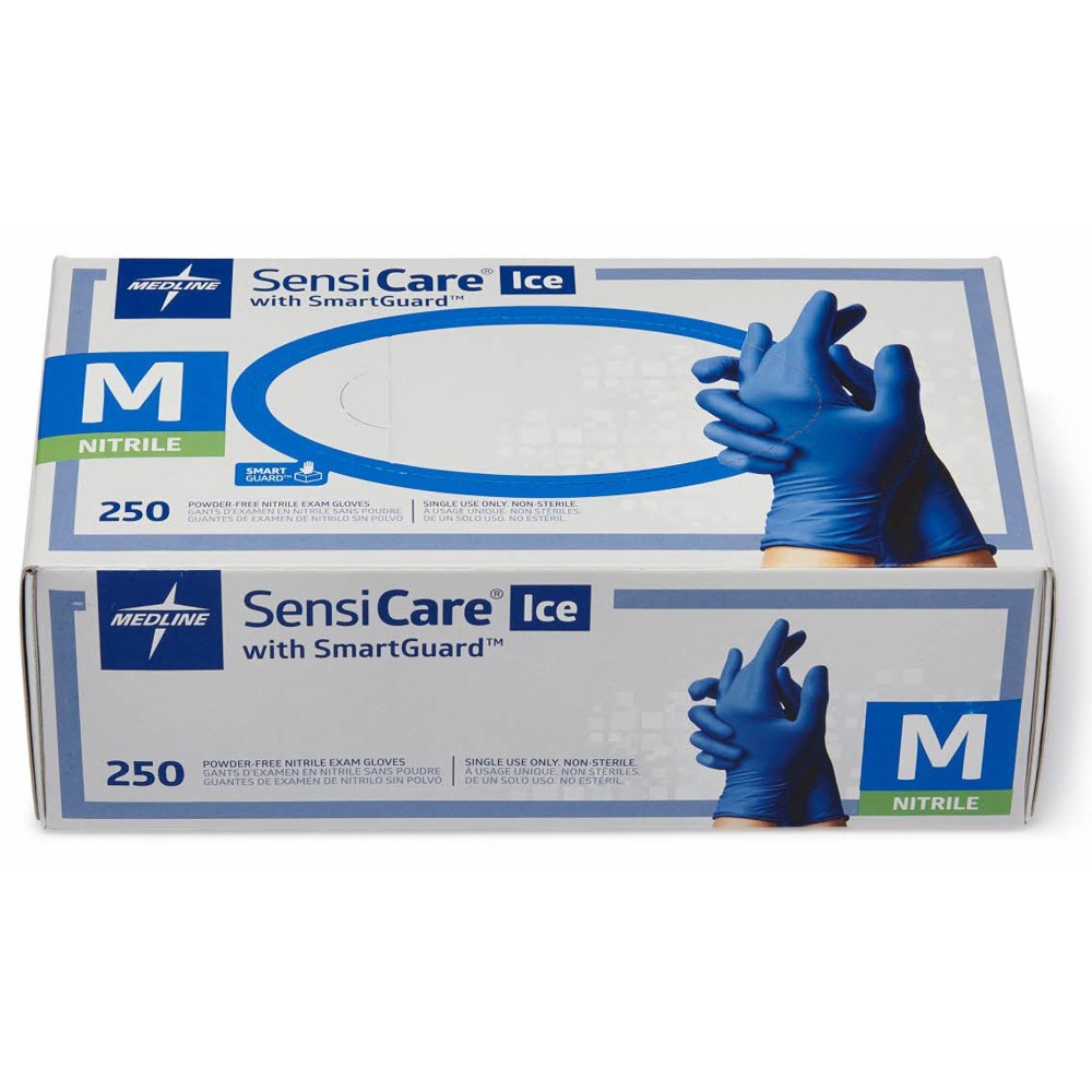 Medline SensiCare Ice Blue Nitrile Exam Gloves - 9.50in Glove - Medium Size - Dark Blue - Comfortable, Chemical Resistant, Latex, 250/PK