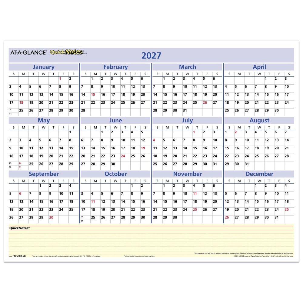 AT-A-GLANCE QuickNotes 2027 Reversible Erasable Monthly Yearly Wall Calendar, Small, 16in x 12in