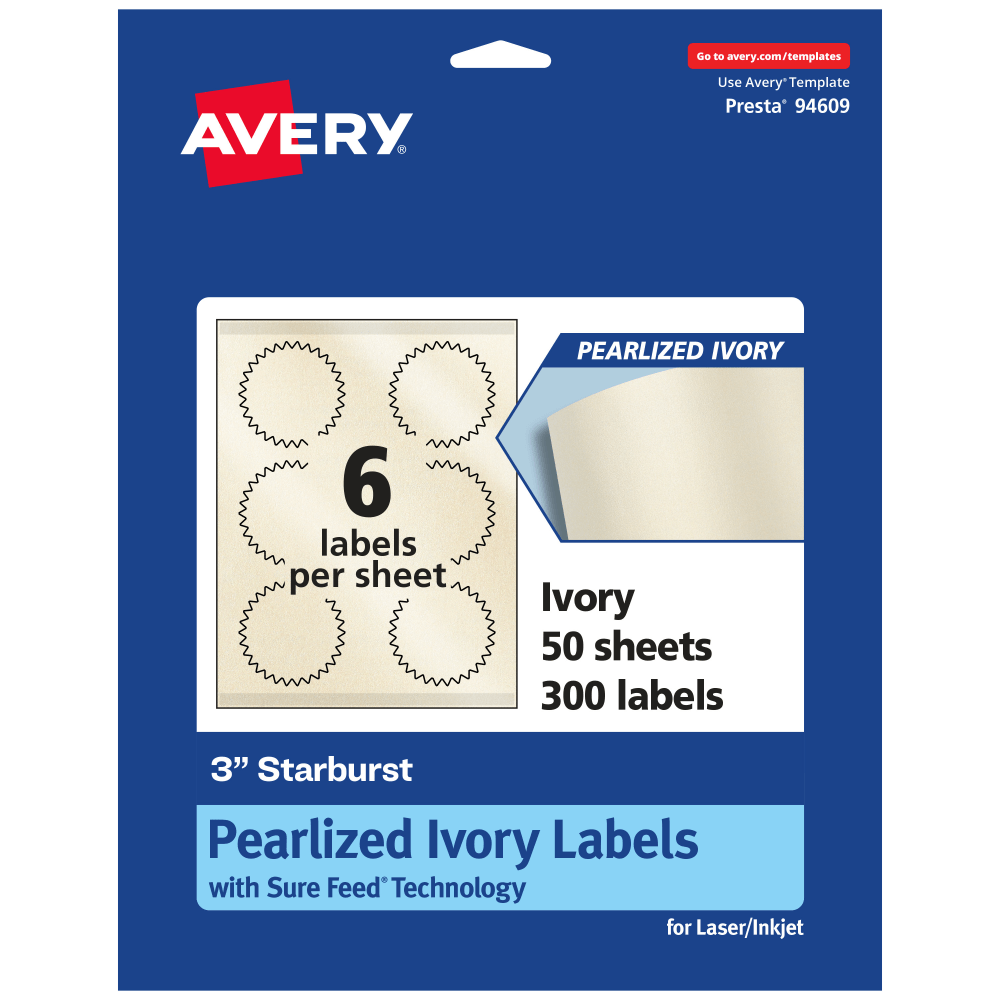 Avery Pearlized Permanent Labels With Sure Feed, 94609-PIP50, Starburst, 3in, Ivory, Pack Of 300 Labels