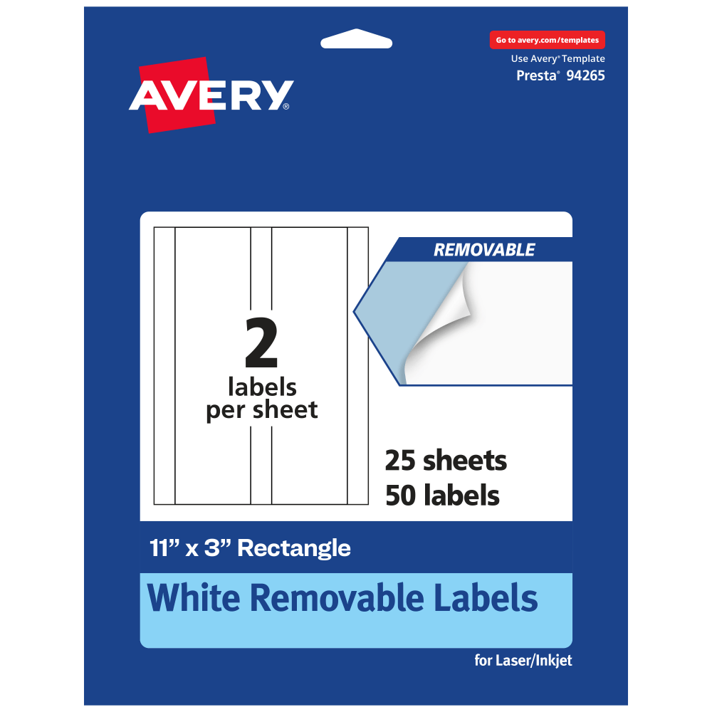 Avery Removable Labels, 94265-RMP25, Rectangle, 11in x 3in, White, Pack Of 50 Labels
