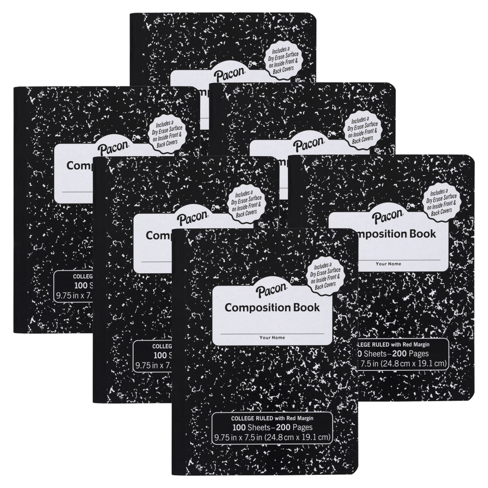Pacon Composition Books With Dry Erase Surfaces, 9-3/4in x 7-1/2in, Black Marble, 100 Sheets/200 Pages, Pack Of 6 Books