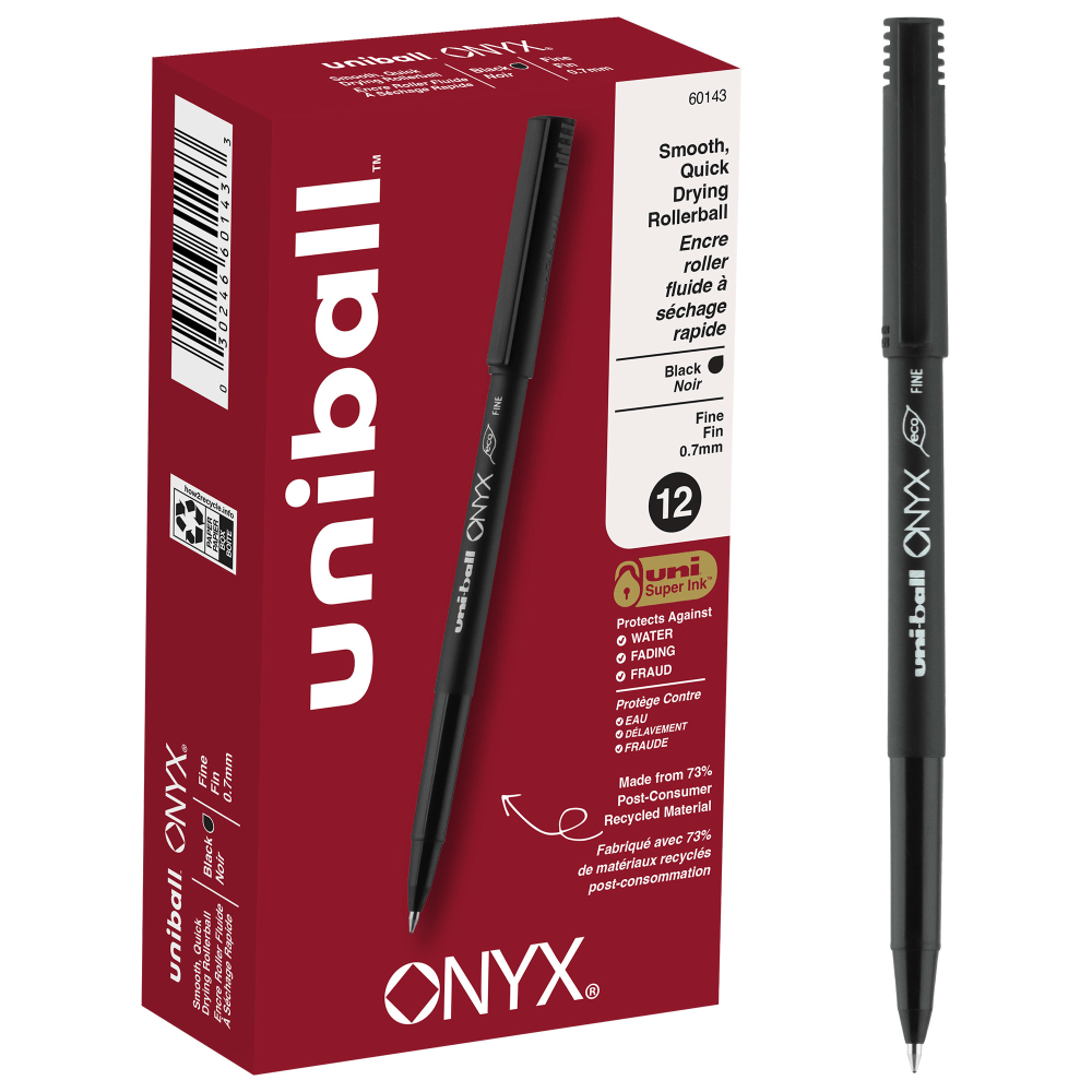 uni-ball Onyx Rollerball Pens, Fine Point, 0.7 mm, Black Barrel, Black Ink, Pack Of 12