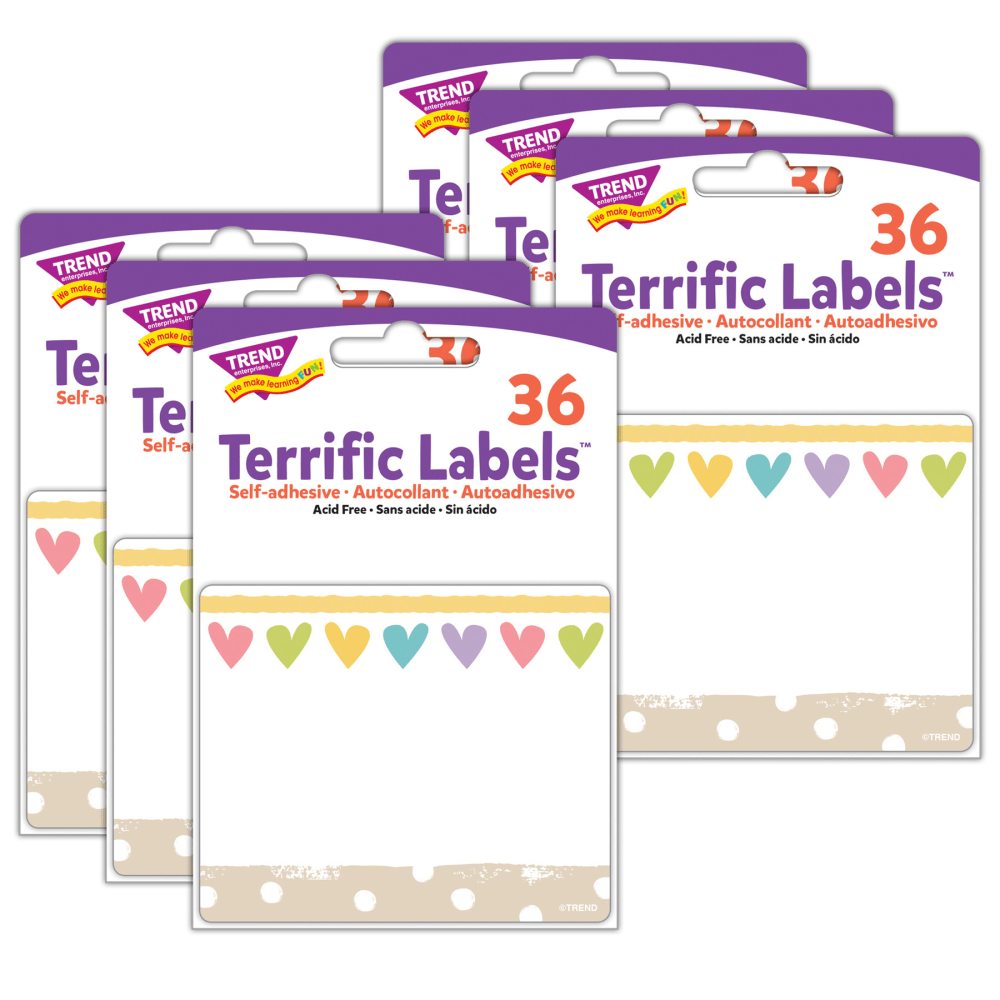 TREND Terrific Labels, T-68131-6, 3in x 2-1/2in, Take Heart, 36 Labels Per Pack, Bundle Of 6 Packs