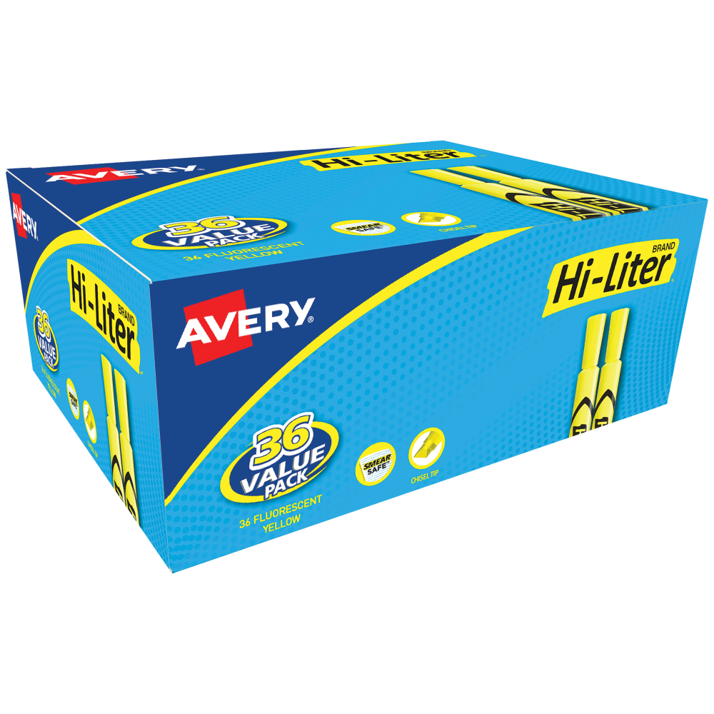Avery Hi-Liter Desk Style Highlighters, Chisel Point, Fluorescent Yellow, Box Of 36