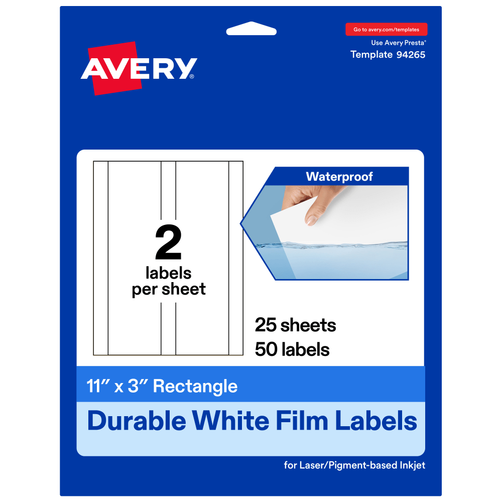 Avery Waterproof Permanent Labels, 94265-WMF25, Rectangle, 11in x 3in, White, Pack Of 50