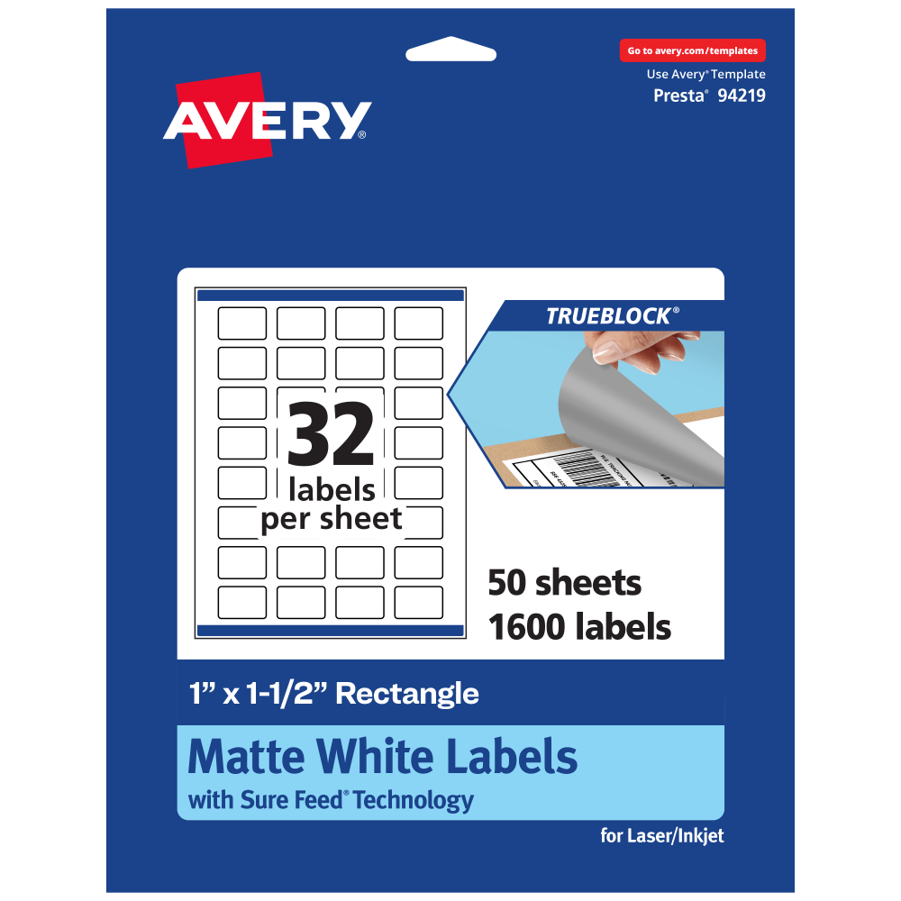 Avery Print-To-The-Edge TrueBlock Labels With Sure Feed, 94219-TWMP50, Rectangle, 1in x 1-1/2in, Matte White, Pack Of 1600
