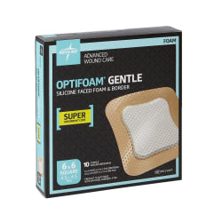 Medline Optifoam Gentle Silicone-Faced Foam & Border Dressings, 6in x 6in, Natural, Case Of 100