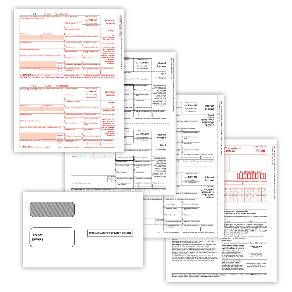 ComplyRight 1099-INT Tax Forms Set, 4-Part, Copy A, B, State/File, State/File, 2-Up, 8-1/2in x 11in, Pack Of 100 Forms and Envelopes, 6106E10025