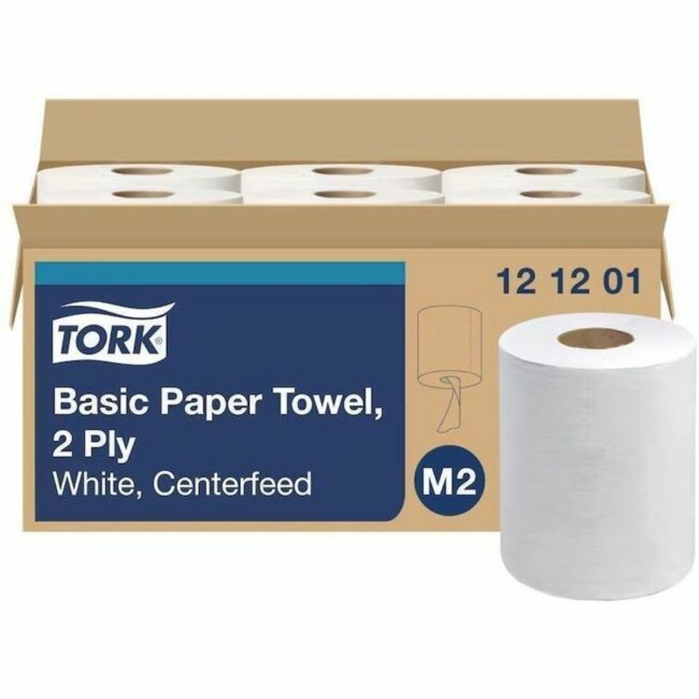 Tork Basic Center Feed Paper Wiper White M2, High Absorbency, 600 Sheets/Roll, 6/Pack, 121201