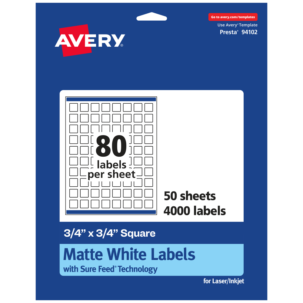 Avery Permanent Labels With Sure Feed, 94102-WMP50, Square, 3/4in x 3/4in, White, Pack Of 4,000