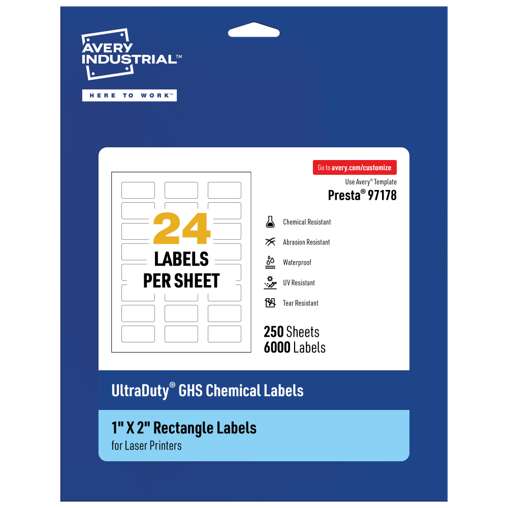 Avery Ultra Duty Permanent GHS Chemical Labels, 97178-WMU250, Rectangle, 1in x 2in, White, Pack Of 6,000