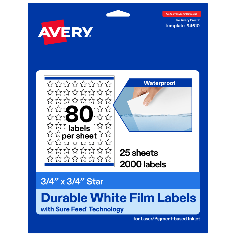 Avery Waterproof Permanent Labels With Sure Feed, 94610-WMF25, Star, 3/4in x 3/4in, White, Pack Of 2,000
