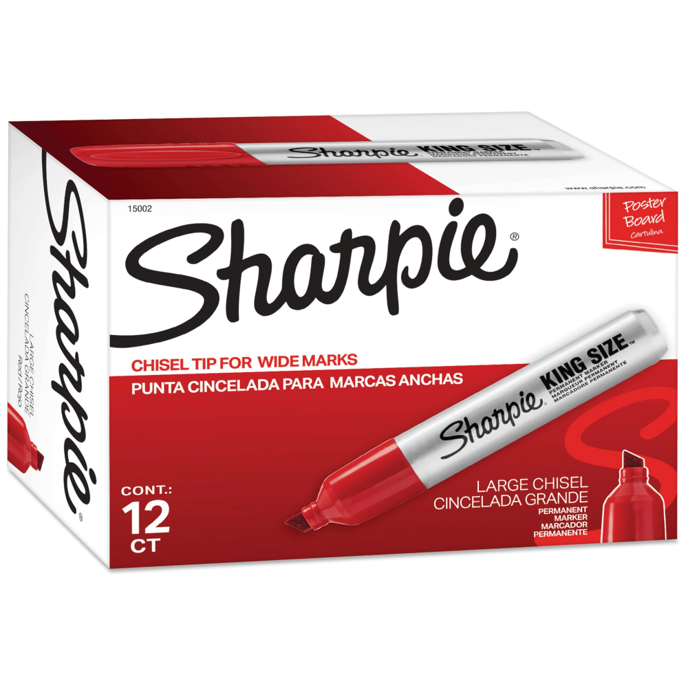 Sharpie King-Size Permanent Markers, Chisel Point, Red Ink, Pack Of 12 Markers