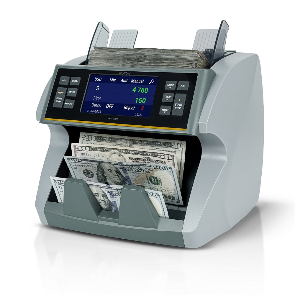 Kolibri KBR-1500 V2 1-Pocket Mixed Denomination Bill Counter And Sorter With Advanced Counterfeit Protection, 11-1/4inH x 9-5/16inW x 9-5/16inD, Gray