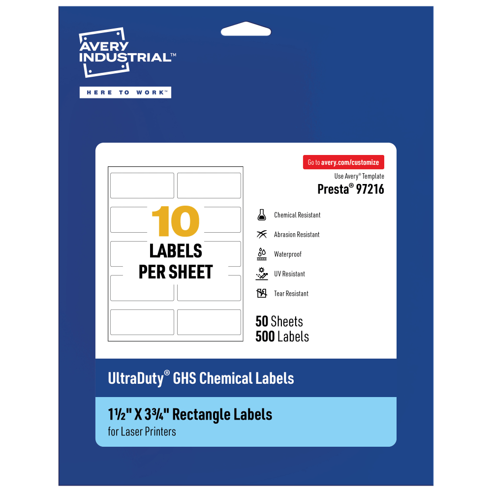 Avery Ultra Duty Permanent GHS Chemical Labels, 97216-WMU50, Rectangle, 1-1/2in x 3-3/4in, White, Pack Of 500