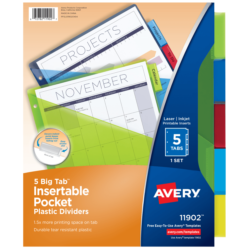 Avery Big Tab Insertable Plastic Dividers, Single Pocket, Multicolor, 5-Tab, 1 Set