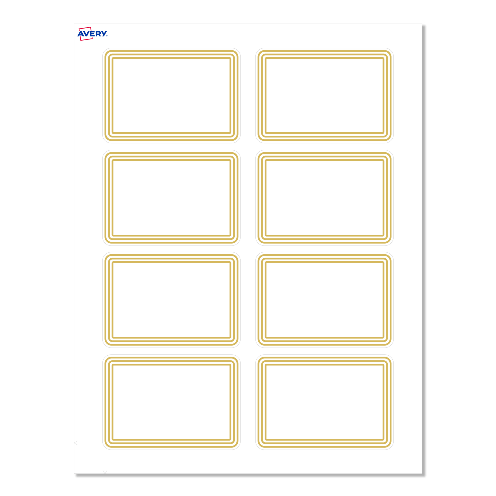 Avery Printable Adhesive Name Badges/Preprinted Designs, Rectangle, S00-EXZ, 2-1/3in x 3-3/8in, Matte White/Multi-Lined Gold Border, Pack Of 80