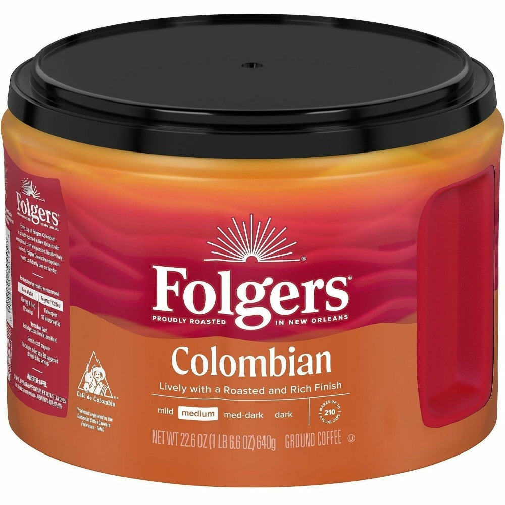 Folgers Ground 100% Colombian Coffee - Medium - 22.6 oz Per Canister - Ground - Columbian, Arabica - 1 Each