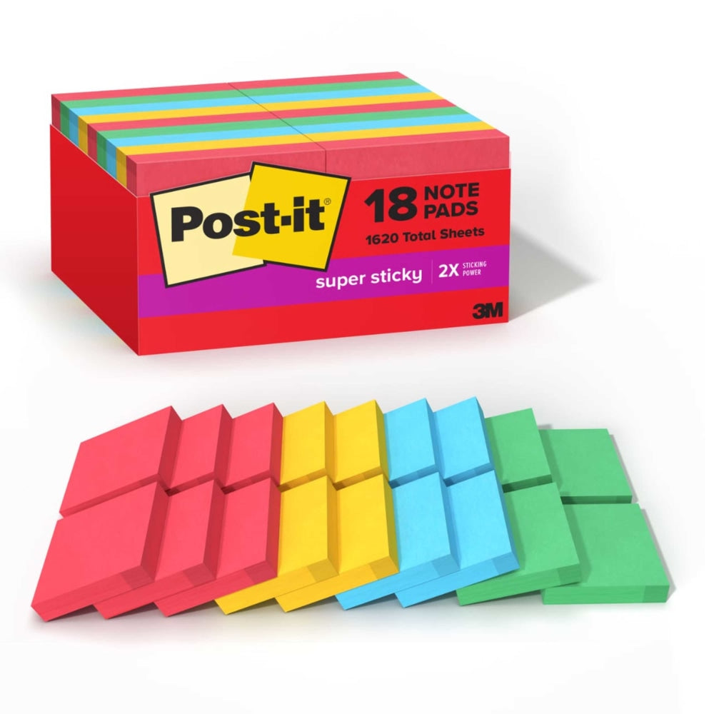 Post-it Super Sticky Notes, 1.88 x 1.88 in, 18 Sticky Note Pads, 90 Sheets/Pad, School Supplies and Office Products, Playful Primaries