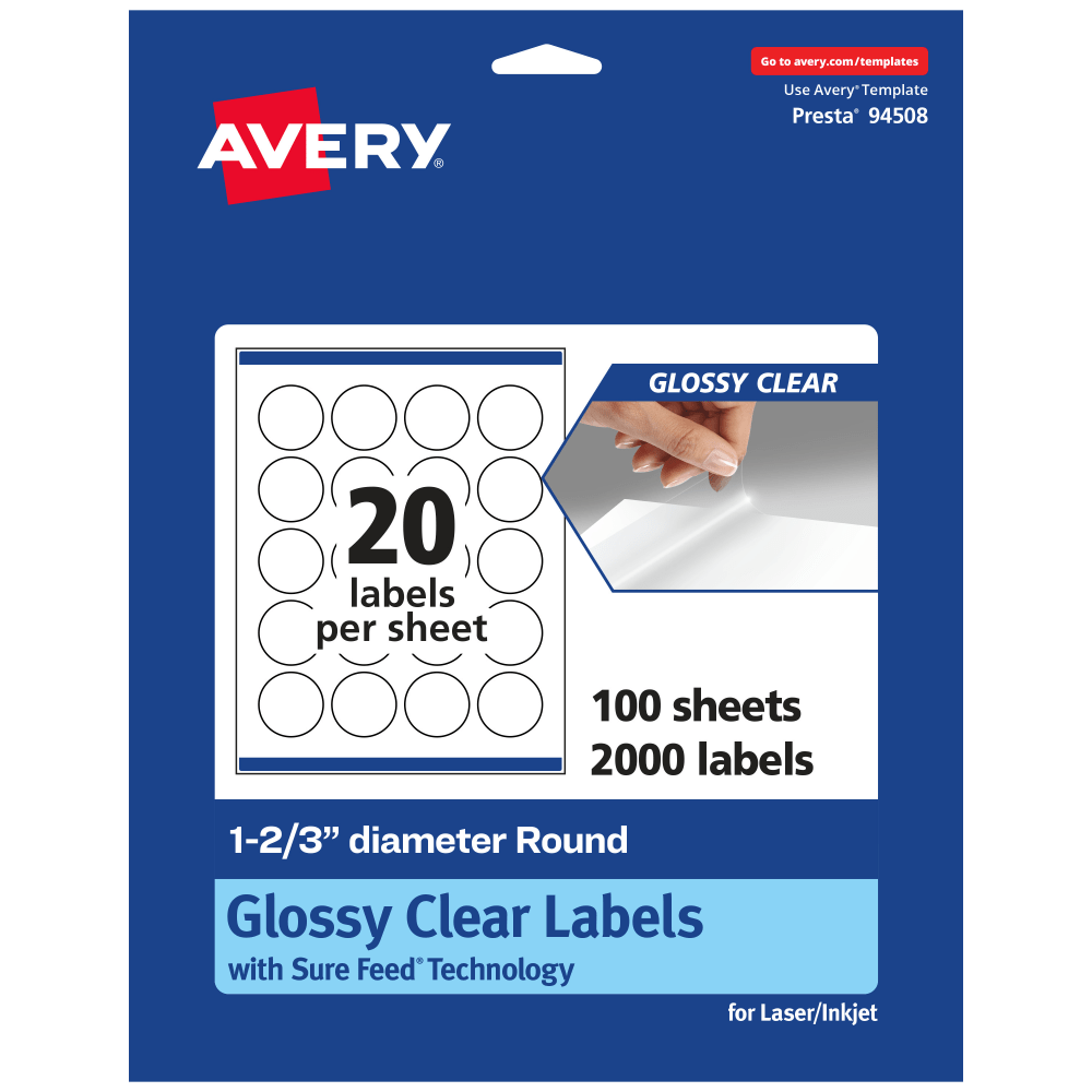 Avery Glossy Permanent Labels With Sure Feed, 94508-CGF100, Round, 1-2/3in Diameter, Clear, Pack Of 2,000