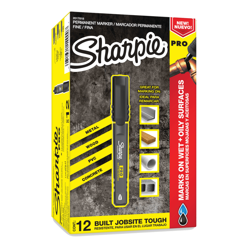 Sharpie PRO Permanent Markers, Fine Point, Black/Gray Barrel, Black Ink, Pack Of 12 Markers