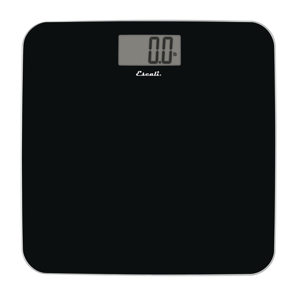 Escali B180SB Sleek Rounded 440 Lb Capacity Tempered Glass Bathroom Scale, 1/2inH x 11-15/16inW x 11-15/16inD, Black