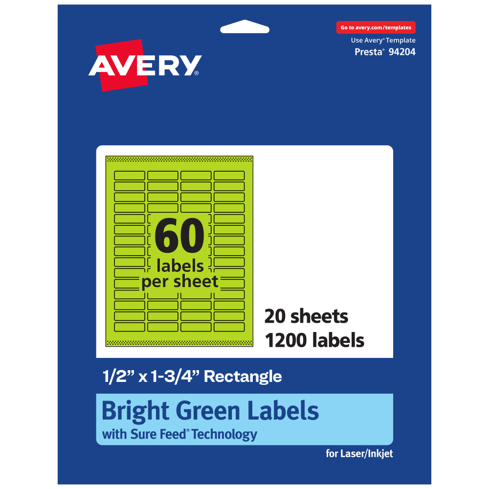Avery Print-To-The-Edge Labels With Sure Feed Technology And Easy Peel, 94204-BGP20, Rectangle, 1/2in x 1-3/4in, Matte Bright Green, Pack of 1200