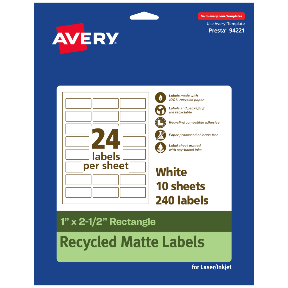 Avery Recycled Paper Labels, 94221-EWMP10, Rectangle, 1in x 2-1/2in, White, Pack Of 240