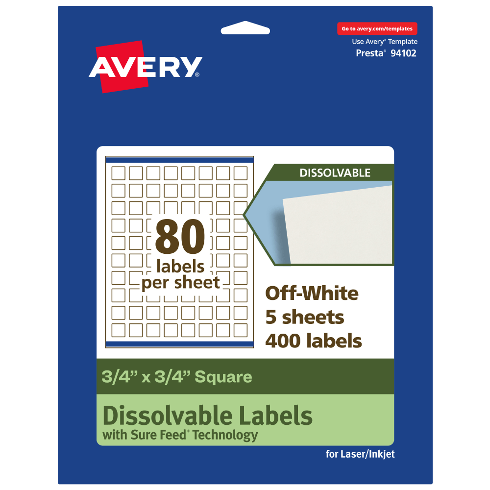 Avery Print-to-the-Edge Dissolvable Labels With Sure Feed Technology, 94102-DWMP5, Square, 3/4inx3/4in, Matte Off-White, Pack Of 400