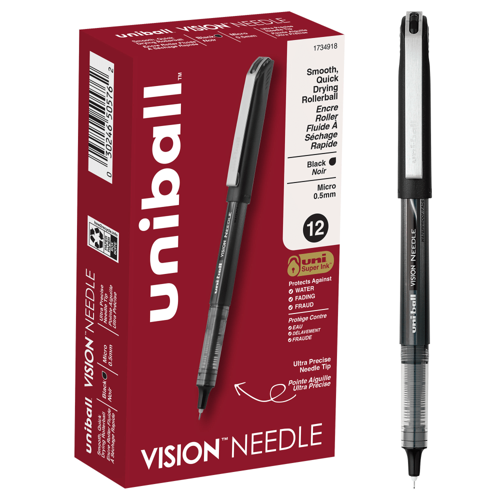 uni-ball Vision Needle Liquid Ink Rollerball Pens, Micro Point, 0.5 mm, Black Barrel, Black Ink, Pack Of 12