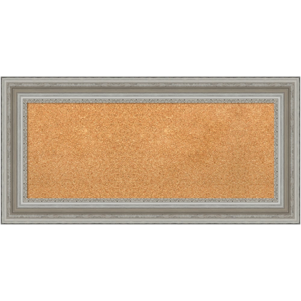 Amanti Art Non-Magnetic Cork Bulletin Board, 36in x 18in, Natural, Parlor Silver Plastic Frame