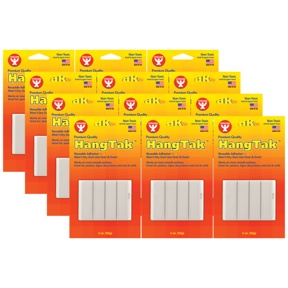 Hygloss HangTak Reusable Adhesive, White, 2 oz. Per Pack, Set Of 12 Packs