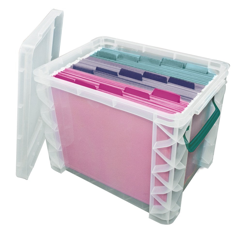 Advantus Super Stacker Plastic Storage Container With Built In Handles And Snap Lid, 19 Liters, Clear/Sea Breeze