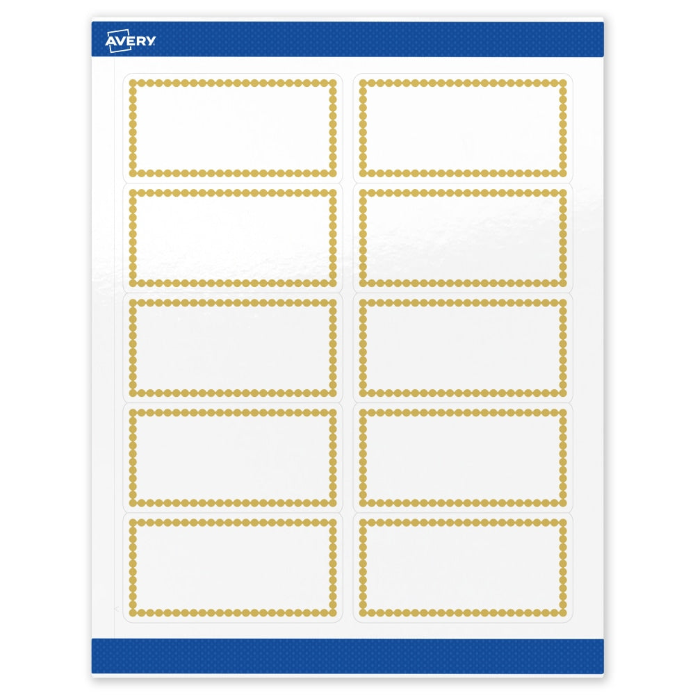 Avery Printable Labels With Sure Feed Technology, S00-DJH-PRWGP10, Rectangle, 2in x 4in, Glossy White, Preprinted Gold Beads Design, Pack Of 100