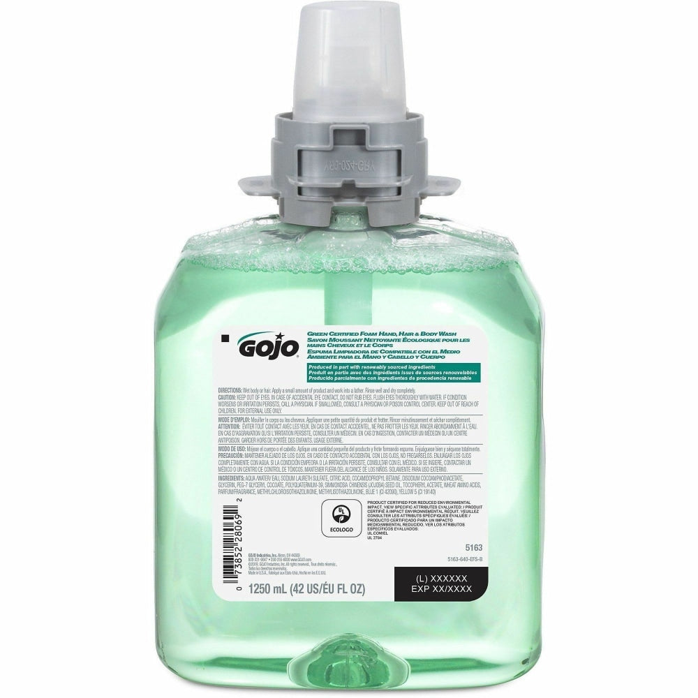 Gojo FMX-12 Refill Green Certified Hair/Body Wash - Cucumber Melon Scent - 42.3 fl oz (1250 mL) - Kill Germs - Body, Hair - Green - Residue-free
