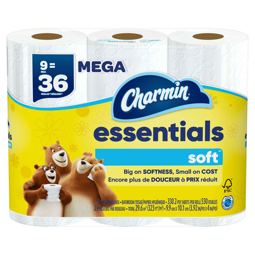 Charmin Essentials Soft Mega 2-Ply Toilet Paper Rolls, 4in x 4-1/2in, 330 Sheets Per Roll, White, Pack Of 9 Rolls