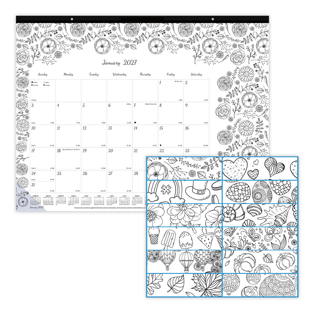 2027 Blueline DoodlePlan Monthly Desk Pad Coloring Calendar, 22in x 17in, January To December, C2917311, Total Qty 1
