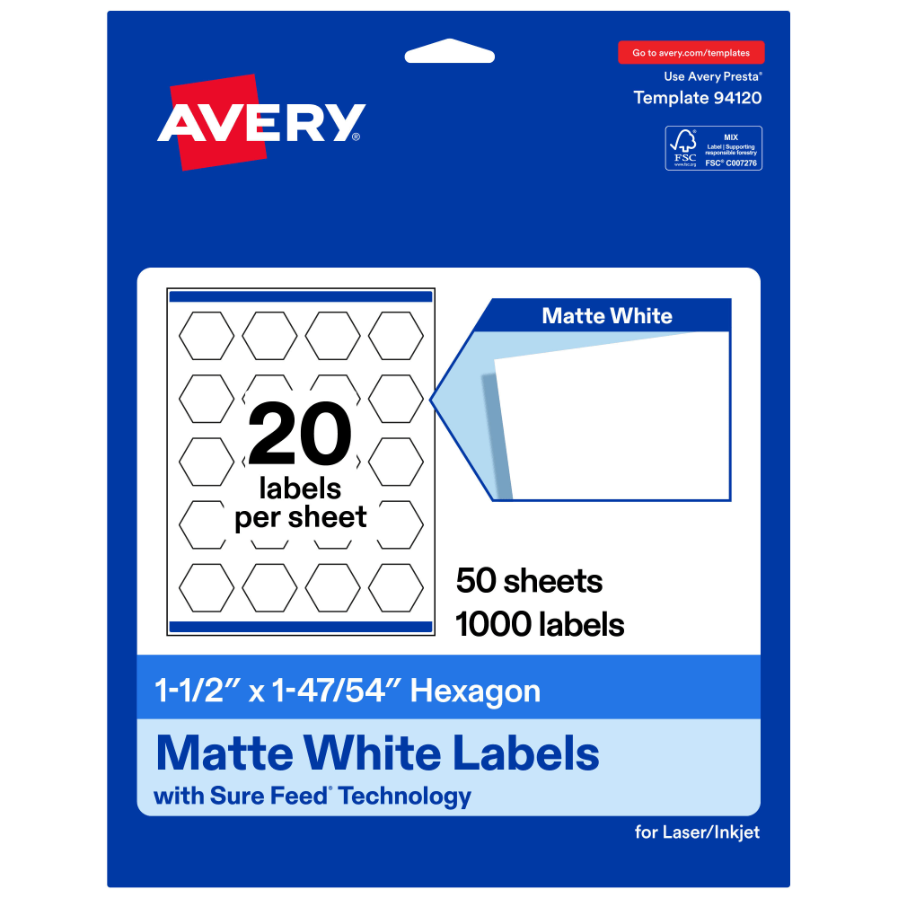 Avery Permanent Labels With Sure Feed, 94120-WMP50, Hexagon, 1-1/2in x 1-47/54in, White, Pack Of 1,000