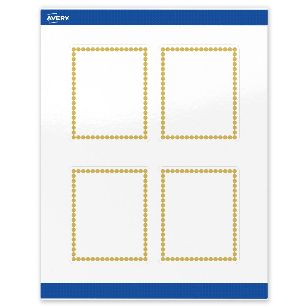 Avery Print-To-The-Edge Labels & Sure Feed, S00-DJ8-PRWGP10, 4in x 3-1/3in, Glossy White, Preprinted Gold Beads Design, Pack Of 40