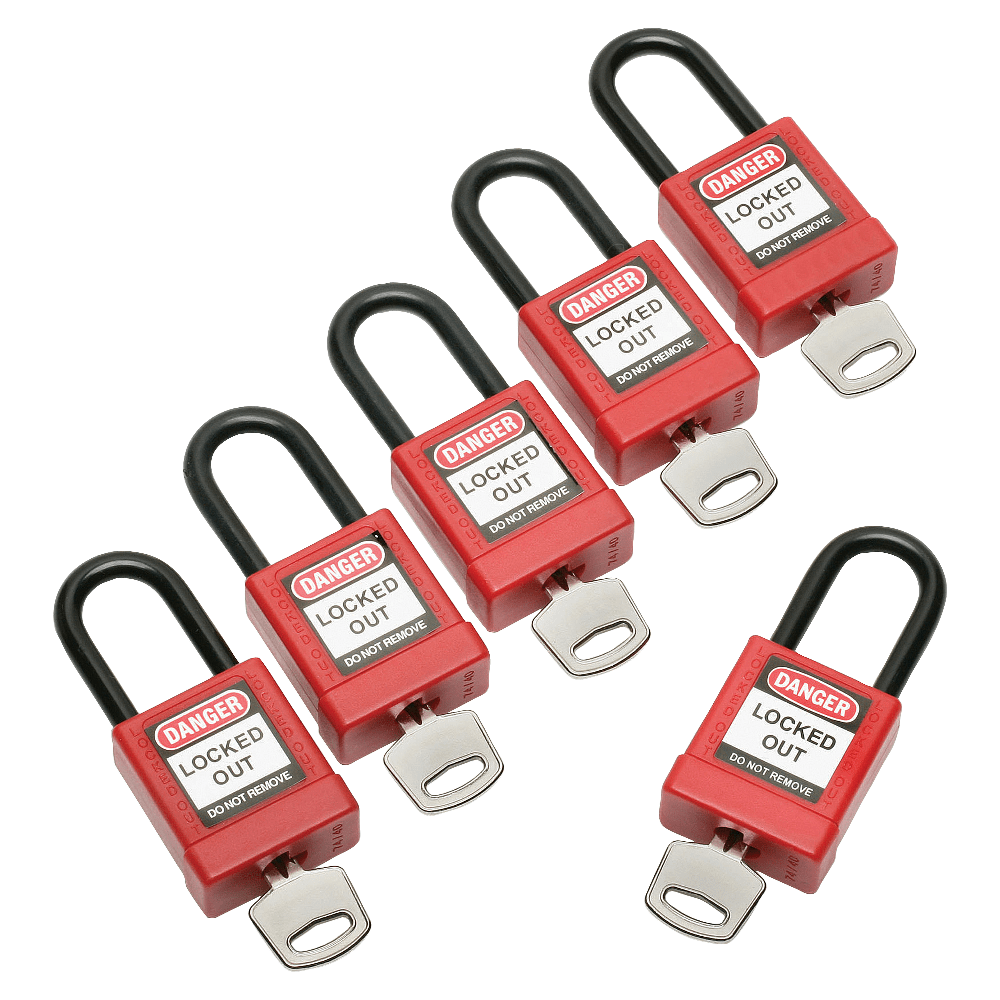 SKILCRAFT Keyed-Alike Plastic Lockout Padlock, 1 7/8in x 1 3/8in, Red, Pack Of 6