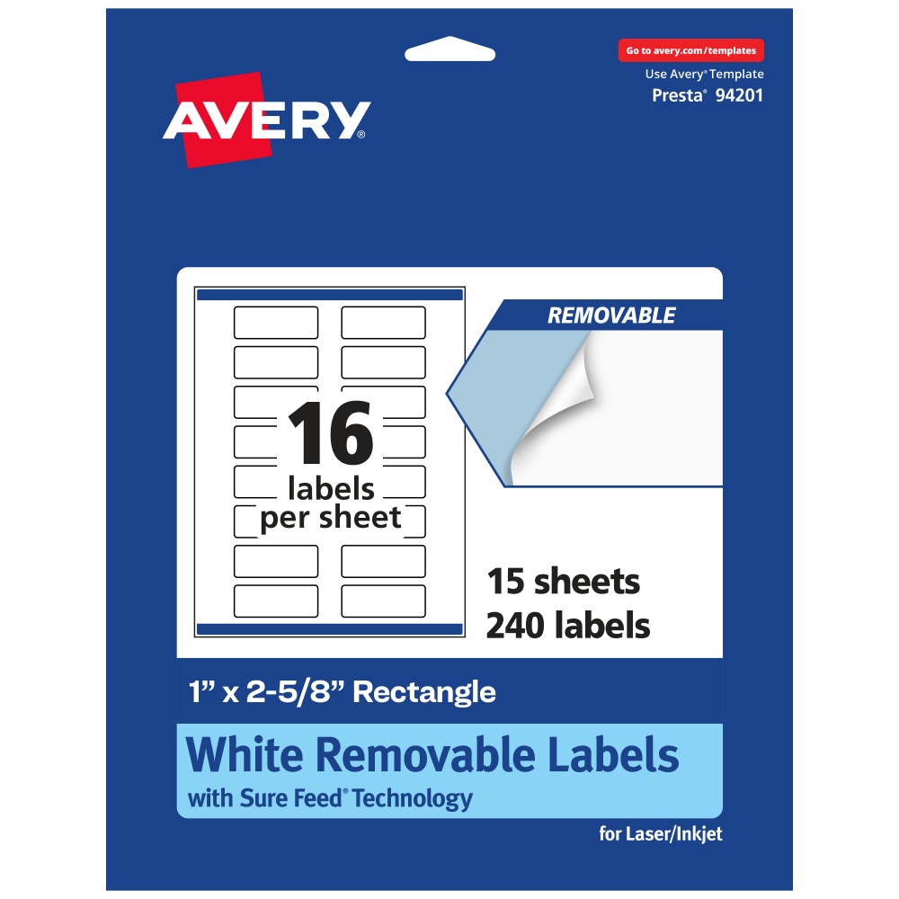 Avery Removable Labels With Sure Feed, 94201-RMP15, Rectangle, 1in x 2-5/8in, White, Pack Of 240 Labels