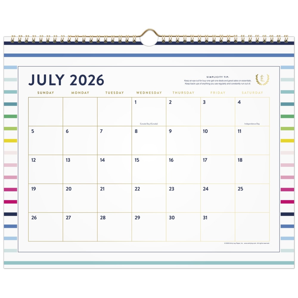 Simplified by Emily Ley for AT-A-GLANCE Academic 2026-2027 Monthly Wall Calendar, Happy Stripe, Medium, 12in x 15in
