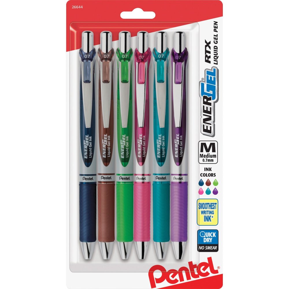 Pentel EnerGel Liquid Steel Tip Gel Pens, Pack Of 6, Medium Point, 0.7 mm, Assorted Colors