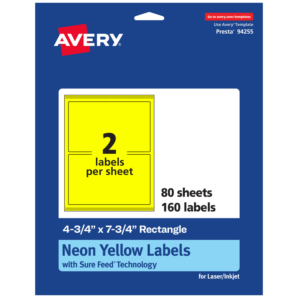 Avery Print-To-The-Edge Labels With Sure Feed Technology And Easy Peel, 94255-NYP80, Rectangle, 4-3/4in x 7-3/4in, Matte Neon Yellow, Pack of 160