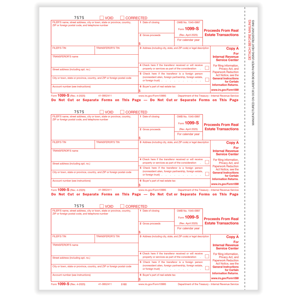 ComplyRight 1099-S Tax Forms, Federal Copy A, 3-Up, 8-1/2in x 11in, Pack Of 150 Forms