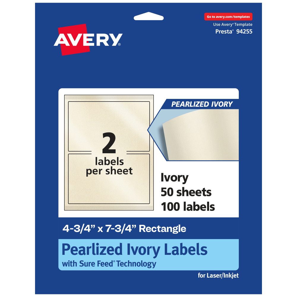 Avery Pearlized Permanent Labels With Sure Feed, 94255-PIP50, Rectangle, 4-3/4in x 7-3/4in, Ivory, Pack Of 100 Labels